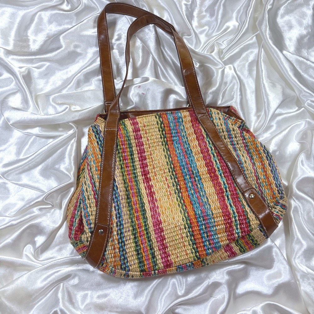 y2k Tote Bag Multi Color Excellent Woven Striped Straw Boho Shoulder Bag